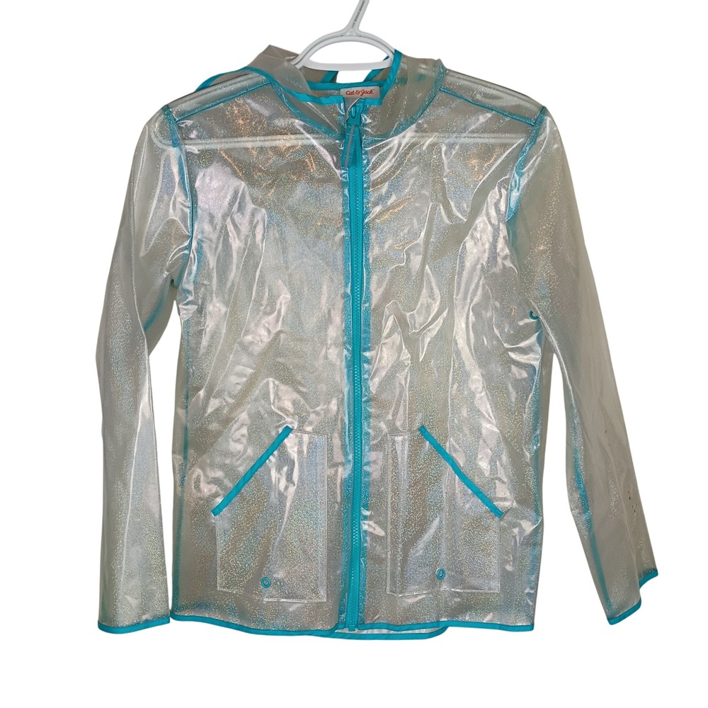 Cat & Jack Girls Iridescent Glitter Raincoat Clear Teal Hooded Jacket L 10/12